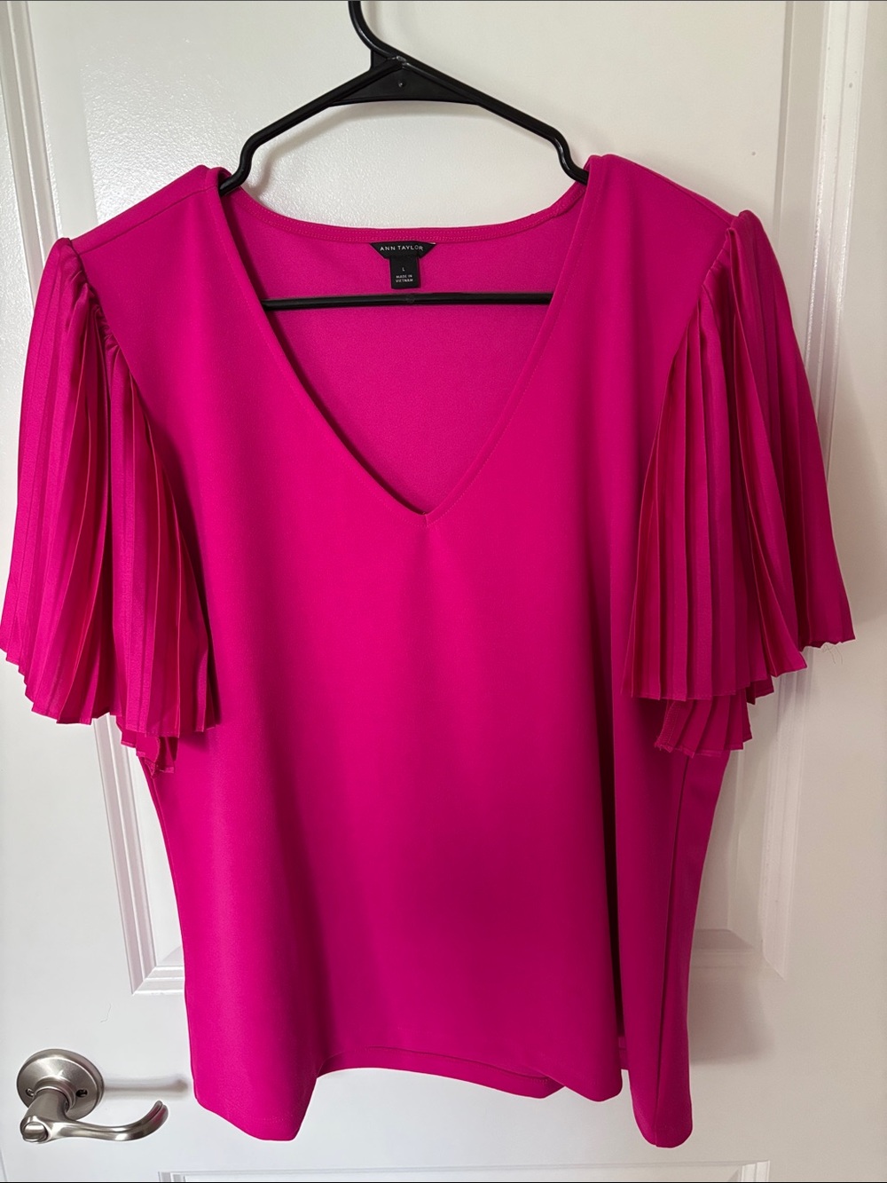 Ann Taylor Fuchsia V-Neck Blouse with Pleated Flutter Sleeves